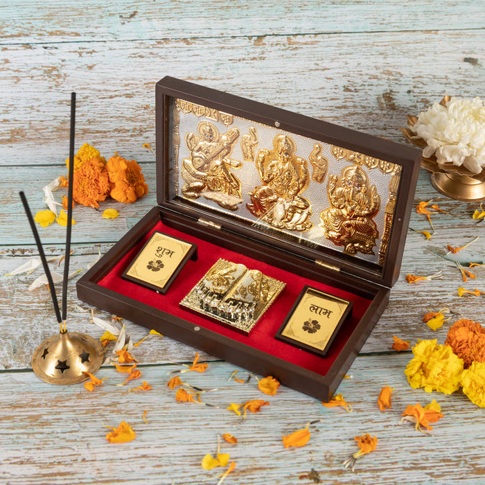 Gold Plated Lakshmi Ganesh Saraswati Charan Paduka in Brown Pooja Box