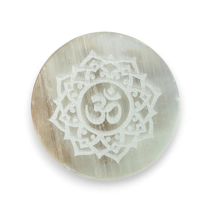 Om Sign Selenite Charging Plate | Purify & Amplify Energy | Crystal Cleansing & Recharging