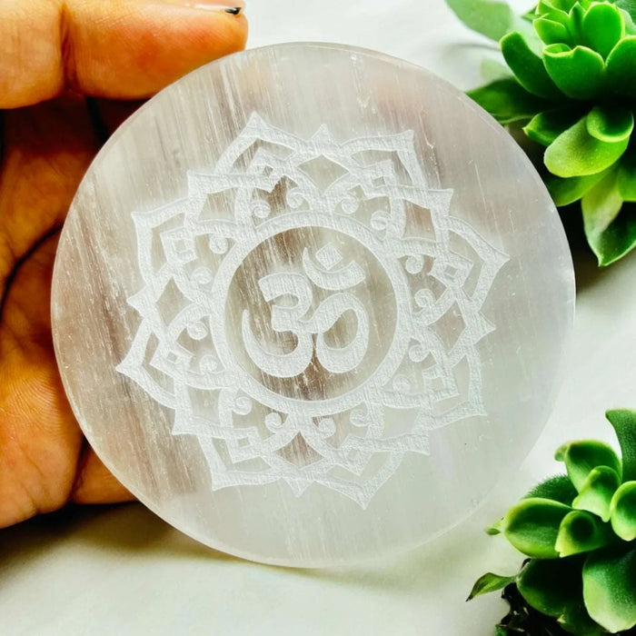 Om Sign Selenite Charging Plate | Purify & Amplify Energy | Crystal Cleansing & Recharging