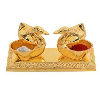 Handicraft Double Swan Golden Metal Brass Chandan Roli Chopda, Chawal-Akshat-Haldi, Kumkum Box Pair with Loving Bird Duck