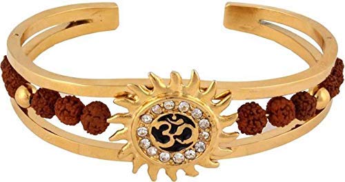 Rudraksha with American Diamond Brass Gold Meena Om Sun Cuff Kada Bracelet for Men