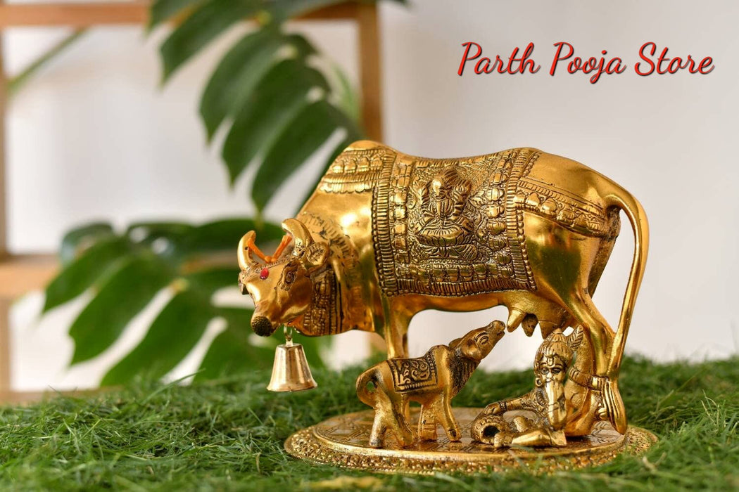 Kamdhenu Cow with Calf and Krishna Brass Like Metal Showpiece