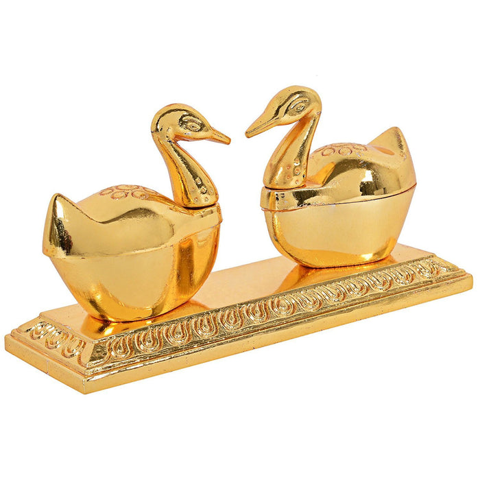 Handicraft Double Swan Golden Metal Brass Chandan Roli Chopda, Chawal-Akshat-Haldi, Kumkum Box Pair with Loving Bird Duck
