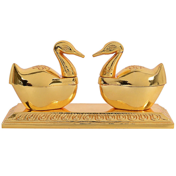 Handicraft Double Swan Golden Metal Brass Chandan Roli Chopda, Chawal-Akshat-Haldi, Kumkum Box Pair with Loving Bird Duck