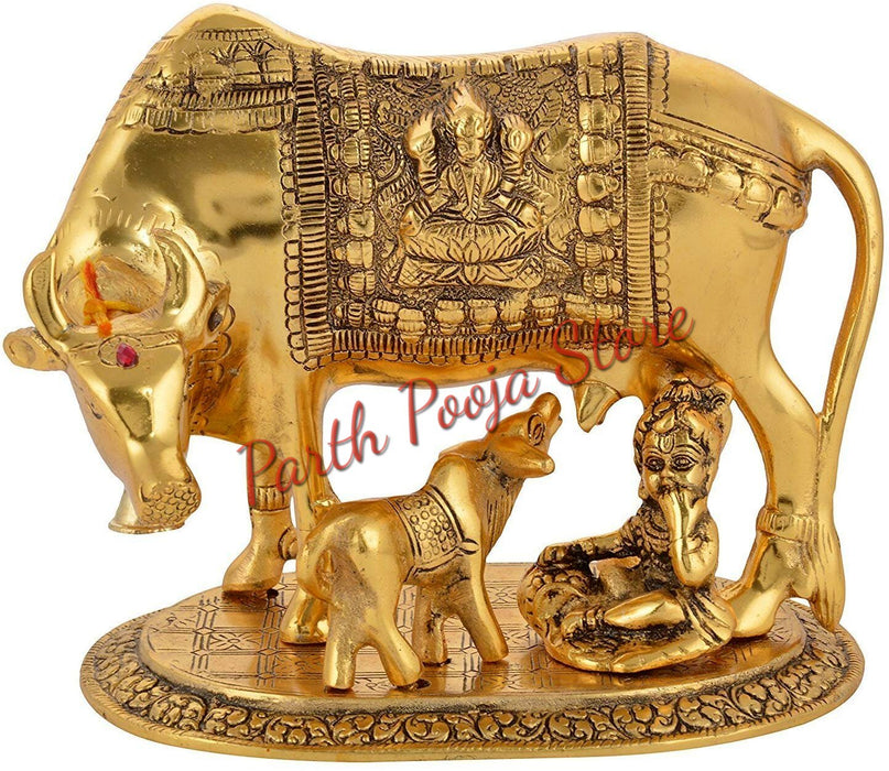 Kamdhenu Cow with Calf and Krishna Brass Like Metal Showpiece