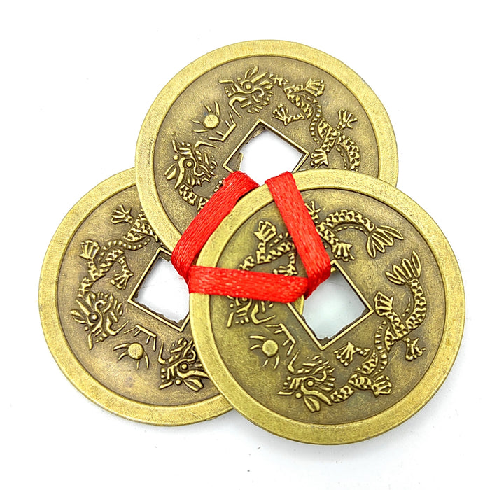 Feng Shui Vastu Remedies Dragon Phoenix 3 good luck Coins Set Brass – Wealth, Prosperity, Money, Good Luck