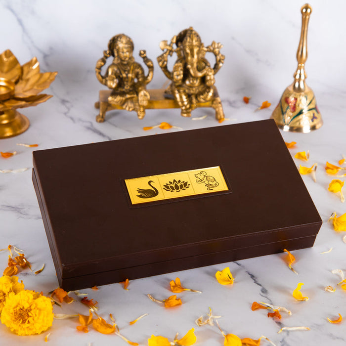 Gold Plated Lakshmi Ganesh Saraswati Charan Paduka in Brown Pooja Box