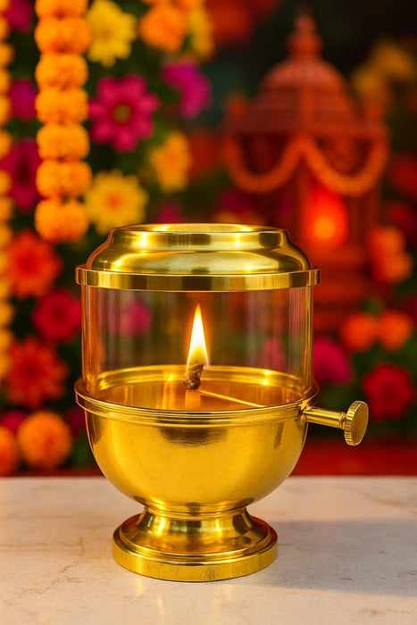 Pure Brass Akhand Jyoti Diya with Glass Cover & Adjustable Bati Knob | Windproof & Long-Lasting Diya