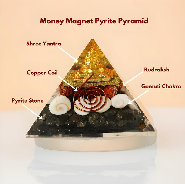 Money Magnet Pyrite Pyramid Authentically Crafted with Pyrite Crystal, Gomti Chakra, Rudraksh & Shree Yantra to Attract Prosperity, Success & Growth, Ideal Vastu Chakra
