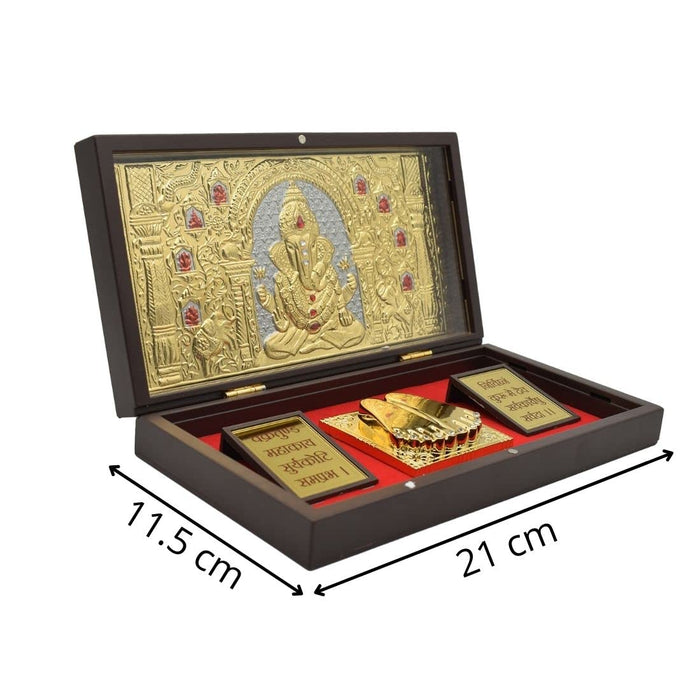 Gold Plated Ganesh Ganapati Photo Frame with Charan Paduka for Pooja Room, Return Pooja Gift Box Set