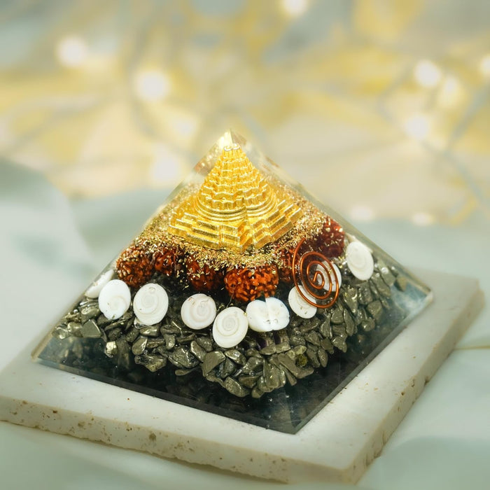 Money Magnet Pyrite Pyramid Authentically Crafted with Pyrite Crystal, Gomti Chakra, Rudraksh & Shree Yantra to Attract Prosperity, Success & Growth, Ideal Vastu Chakra