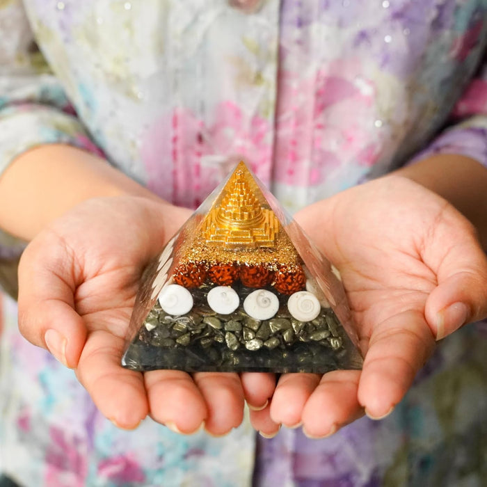 Money Magnet Pyrite Pyramid Authentically Crafted with Pyrite Crystal, Gomti Chakra, Rudraksh & Shree Yantra to Attract Prosperity, Success & Growth, Ideal Vastu Chakra