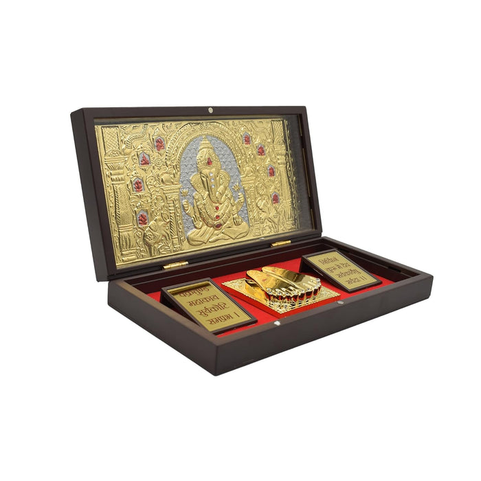 Gold Plated Ganesh Ganapati Photo Frame with Charan Paduka for Pooja Room, Return Pooja Gift Box Set