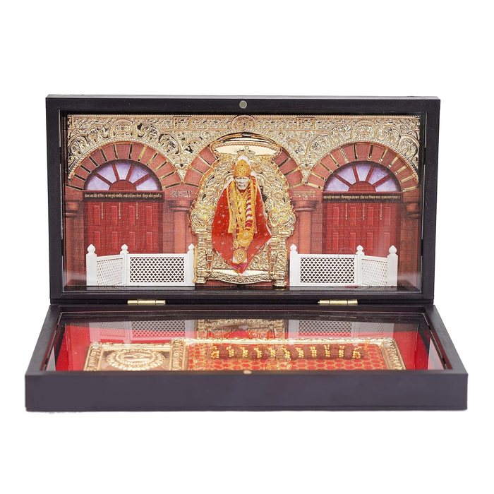 Gold Plated Sai Baba Photo Frame with Charan Paduka and Samadhi For Pooja and Gift
