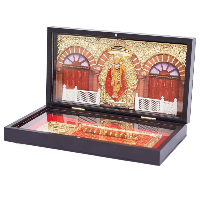Gold Plated Sai Baba Photo Frame with Charan Paduka and Samadhi For Pooja and Gift