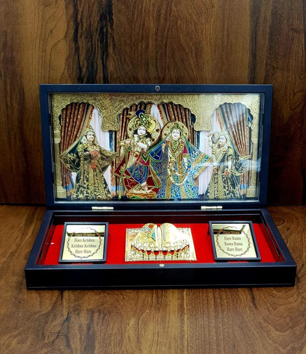 Gold Plated Radha Krishna With Paduka in Brown Pooja Box