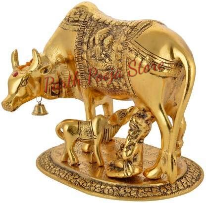 Kamdhenu Cow with Calf and Krishna Brass Like Metal Showpiece