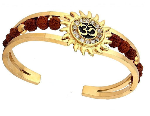 Rudraksha with American Diamond Brass Gold Meena Om Sun Cuff Kada Bracelet for Men