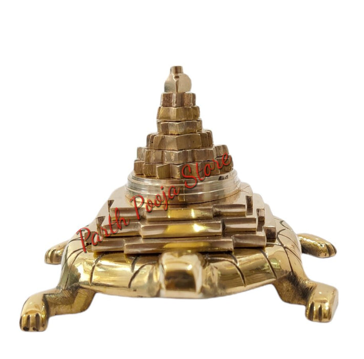 Brass Meru Shree Yantra with Tortoise for Good Luck, Success and Prosperity