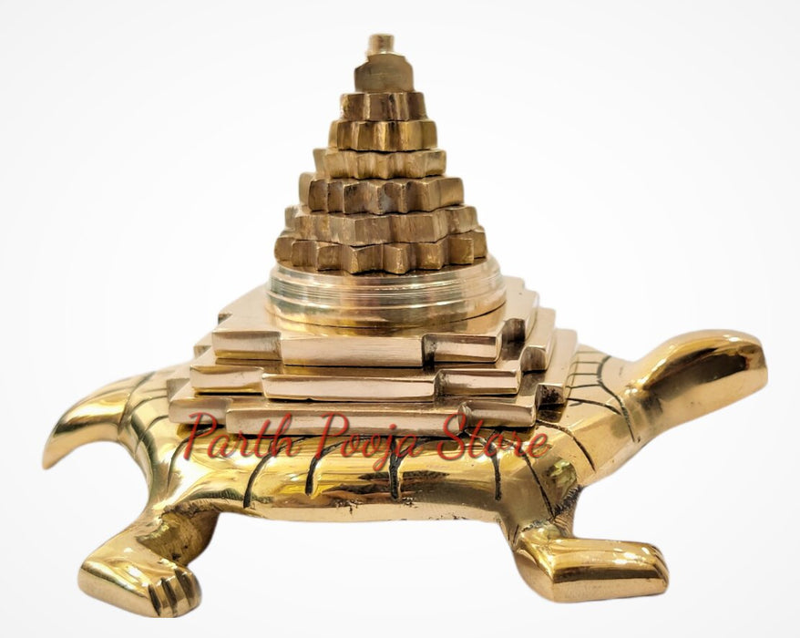Brass Meru Shree Yantra with Tortoise for Good Luck, Success and Prosperity