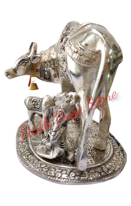 Kamdhenu Cow with Calf and Krishna Brass Like Metal Showpiece