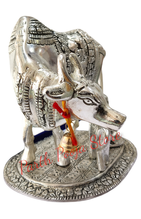 Kamdhenu Cow with Calf and Krishna Brass Like Metal Showpiece