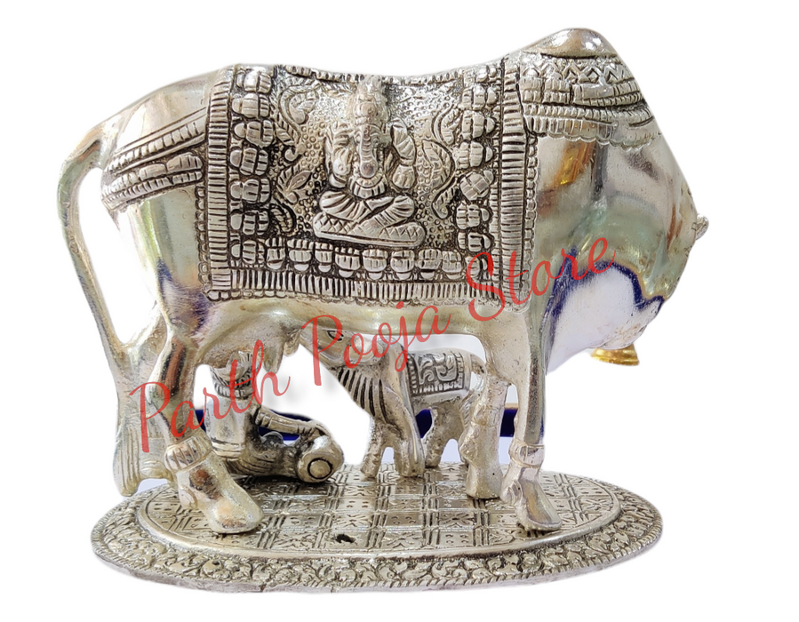 Kamdhenu Cow with Calf and Krishna Brass Like Metal Showpiece