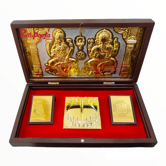 Gold Plated Shri Laxmi Ganesh Charan Paduka Set for Pooja