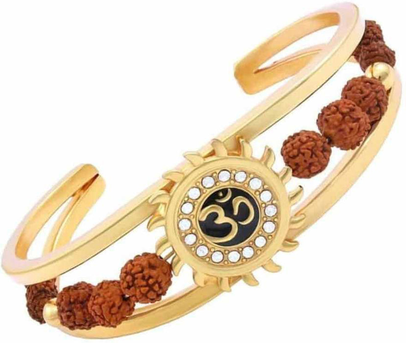 Rudraksha with American Diamond Brass Gold Meena Om Sun Cuff Kada Bracelet for Men