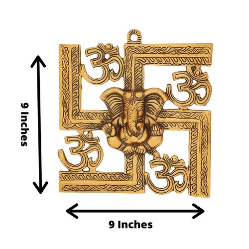 Wall hanging swastik with om and ganesh motiff in metal antique golden finish